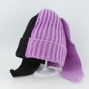 Autumn and <b>Winter</b> Women's Long-Eared Rabbit Beanie Warm Color-Blocking Knit <b>Hat</b> Stylish Cute Image-Styled Fabric - Product Image 5