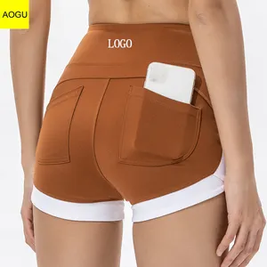 Individuelles LOGO Fitnessstudio Fitness Yoga Shorts schnell trocknend Sportshorts Gesäßstraffung damen aktive Farbe Block enge Shorts mit Taschen