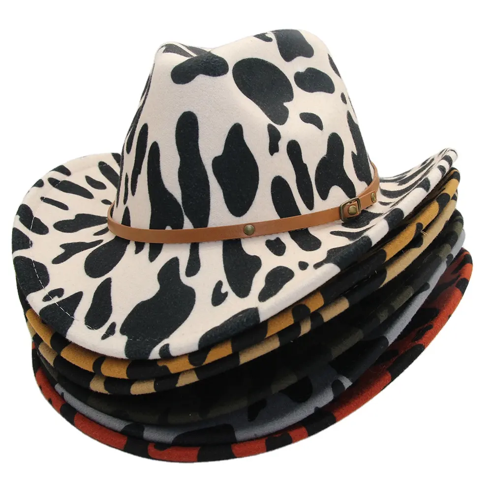 Chapeau en feutre à motif de vache d'automne et d'hiver européen et américain Chapeau à grand bord Jazz Chapeau haut de forme à ceinture transfrontalière en laine rétro