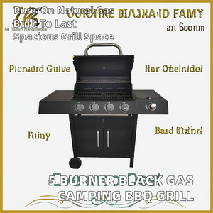 Pemanggang BBQ Gas Alam Komersial 5 Tungku Utama 80cm X 105cm Baja Tahan Karat Hitam Berlapis Bubuk Termasuk Penutup Panggangan - Product Image 2