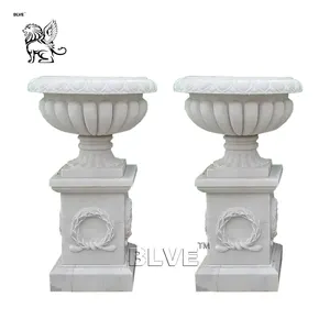 BLVE Outdoor Decoration Hand Carving Classic Urns Large Round Stone Planter Pot White Marble Garden Flowerpots