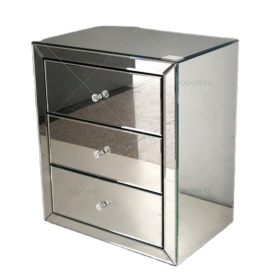 Silver Glass 3 Drawer Mirrored Bedside Table Cabinet