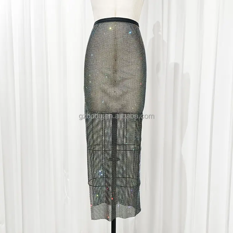 2023 Summer Women Sexy Party Wear Elastic Crystal Mesh Side High Split Cover Up Rhinestone Fishnet Long Skirt