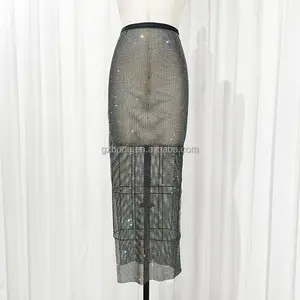 2023 Verão Mulheres Sexy Partido Desgaste Elástico De Malha De Cristal Lado Alta Dividir Cover Up Rhinestone Fishnet Saia Longa