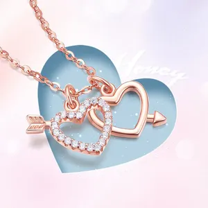 Perhiasan Halus Rose Gold Disepuh 925 Sterling Silver Cupid Hati Ganda Satu Panah Hati Menusuk Liontin Kalung untuk Wanita Anak Perempuan