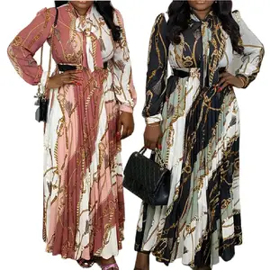 Nuovo elegante abito stampato digitale a catena a maniche lunghe con lacci in vita arricciata Maxi abito da donna abiti pieghettati