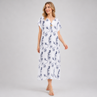 Robe longue décontractée pour femme, imprimé floral blanc et bleu, manches courtes, col en V, vente en gros, OEM, ODM, marque privée, usine