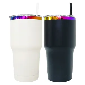 USA warehouse powder coated 30oz holographic rainbow plated car tumbler mugs cups with colored straw 2024 new style