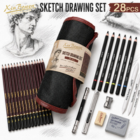 Xin Bowen – Ensemble de dessin professionnel 28 pièces : Crayons graphite et fusain avec estompes et gommes à modeler pour artistes