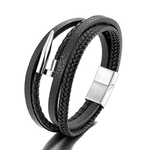 Hand-woven Leather Magnetic Snap Stainless Steel Cross Shelf Bracelet <b>Men</b> Multi-layer Leather Cord Bracelet More Than Ornament - Product Image 4