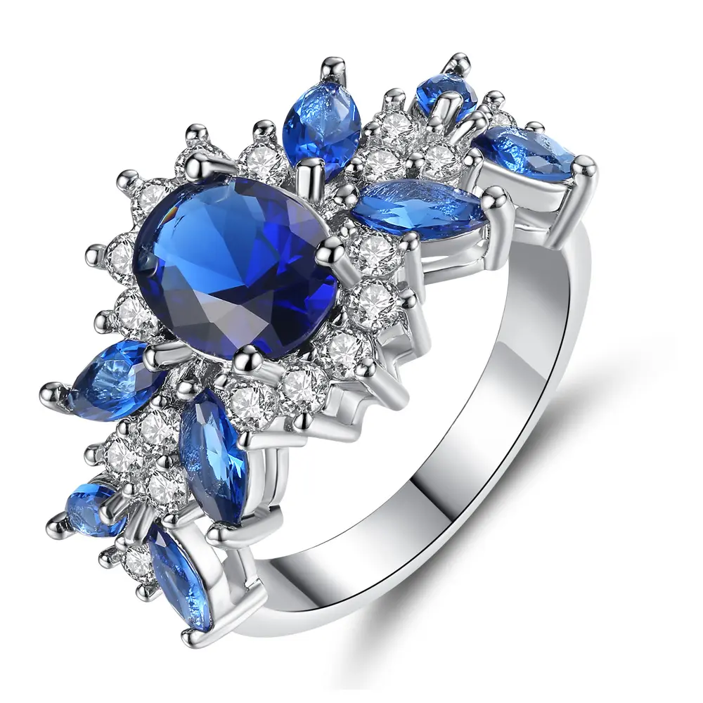 Ruigang cincin tunangan wanita, berlapis perak murni 925 zirkonia kubik CZ biru safir