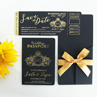 Invitation de mariage de luxe sur le thème du voyage avec passeport doré, carte d'embarquement noire et nœud en ruban