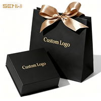 Boîte cadeau rigide noire pour bijoux, logo personnalisé en relief doré, ruban satiné, nœud, sac de shopping en papier écologique imperméable, ensemble