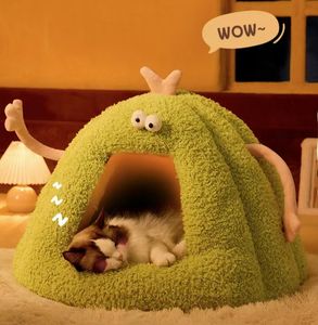Modernes, bequemes Katzen schwamm bett Rundes Plüsch-, flauschiges, beruhigendes Katzen höhlen nest mit Kapuze und nicht kollabierter Abdeckung - Product Image 1