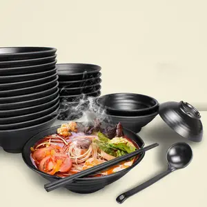 Set Of 3 Pcs Custom Design Japanese Style Black 9 Inch Big Capacity Noodles Bowl Melamine Ramen Bowl