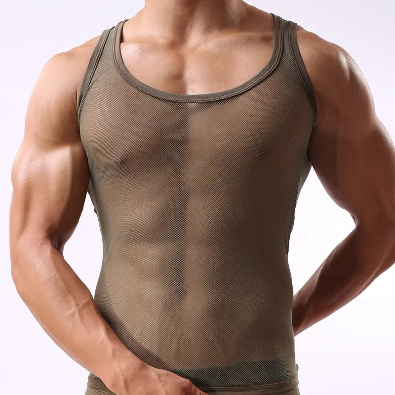 Malha See-Through Regata Suspender fino respirável sem mangas dos homens para o verão Sport Sexy Vest