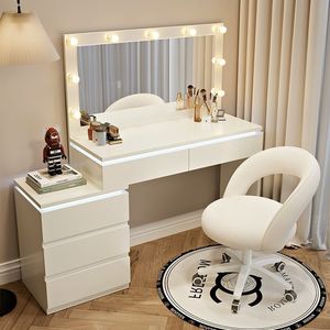 Tocador de lujo para peluquería y maquillaje con cajones, mesa de tocador para sala de estar con espejo LED y cajones - Product Image 1