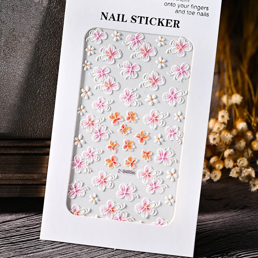 5D fiori acrilici adesivi per unghie forniture artistiche per unghie gradiente rosa bianco floreale pizzo cursore per unghie estate Manicure decalcomanie Sticker