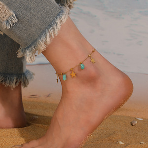 Chevillère minimaliste étoile de mer en acier inoxydable plaqué or avec perle d'amazonite ronde et petit pendentif étoile de mer pour femme, idéale pour la plage - Product Image 1