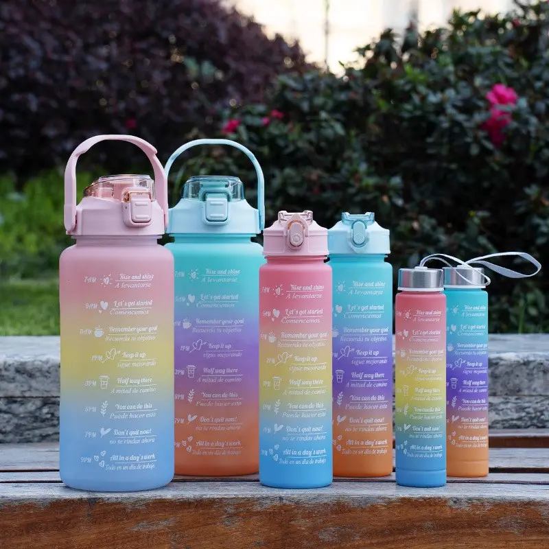 Botella de agua Gym Sports d'eau Fancy Motivational Plastic With Straw Gourde 3 en 1 Flasks Water Bottle Set 3 in 1