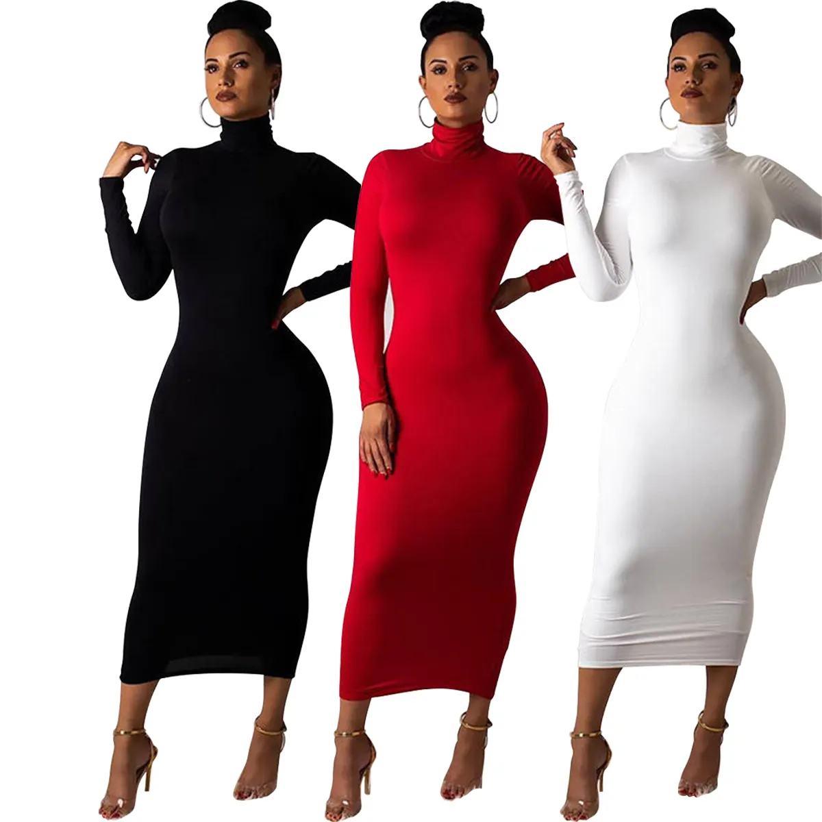 TOB Ladies Fashionable Slim Casual Dresses Long Sleeve High Collar Slim Sexy Bodycon Dresses For Fat Women JZ550