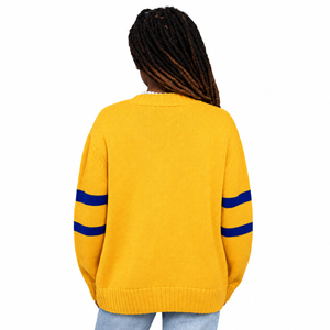 Cardigan en tricot jaune pour femme, rayures bleues, col en V, boutons sur le devant, coupe oversize, style décontracté, vente en gros, personnalisation, marque privée - Product Image 3