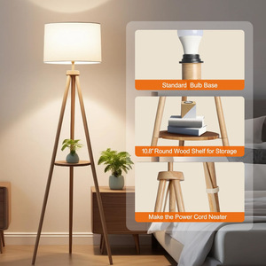 Modern Wood Floor <b>Lamp</b> With <b>Shelf</b> Beige Shade LED Light Source Adjustable Height For Living Room Bedroom - Product Image 2