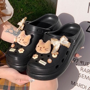 Cute Cat Pattern Girls Clogs Black White Coffee Extra Thick 3cm Sole Cushioned PVC Upper Baotou <b>Toe</b> Covering Shoes - Product Image 4