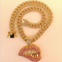Chaîne cubaine large de 13 mm avec pendentif lèvres en alliage et strass rose style hip-hop