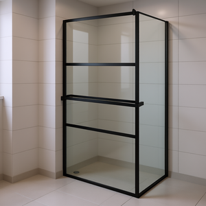 Mampara de ducha rectangular de aluminio y vidrio ESG negro con estante, diseño minimalista para cuarto de ducha - Product Image 2