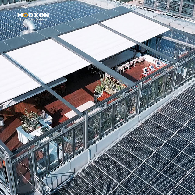 Wall Mounted Retractable Roof System With Remote Controlled Fabric Roof for Poolside Villa or Outdoor Dining