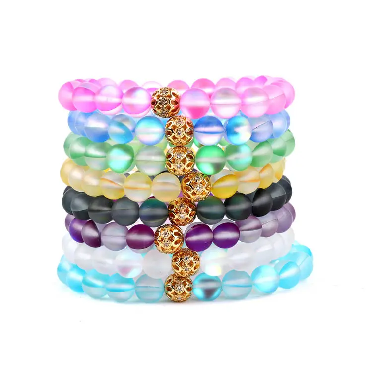 Hoge Kwaliteit Mode Kleurrijke Maansteen Armband Ab Glas Crystal Pave Cz Charm Kralen Stretch Armband Vrouwen