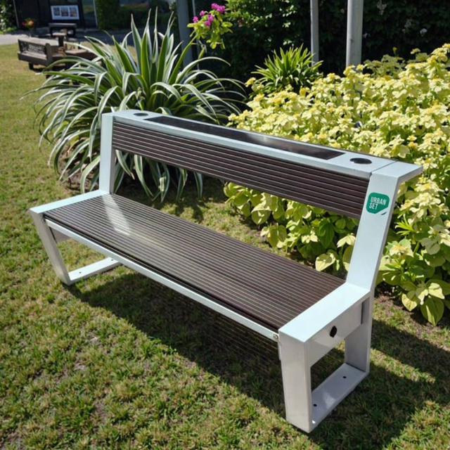 Solar Smart Galvanized Steel Wireless Charging + WiFi Waterproof Outdoor Patio Bench Park Supermarket Hotel Mall Use 4-Seater