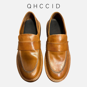 Mocasines de Cuero para Hombre Qinhong, Sin Cordones, Tacón Bajo, Transpirables, Casuales, Color Marrón Sólido, Suela Cosida, Estilo Retro - Product Image 3