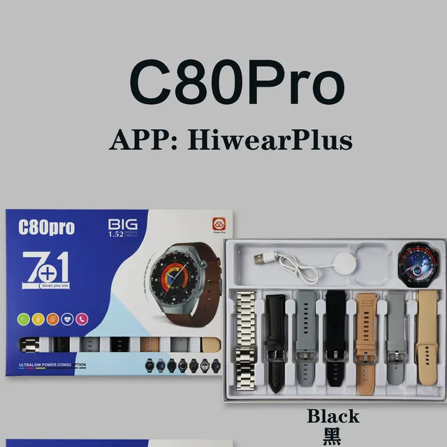 2026 New 7 in 1 C80Pro Smart Watch Round Screen Fitness Sports BT Call Step Counter AI Smartwatch C80 Pro Hiwear Plus