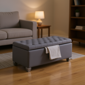 Panca Contenitore Trapuntata Grigia in Tessuto, Arredamento Contemporaneo per Soggiorno - Product Image 2