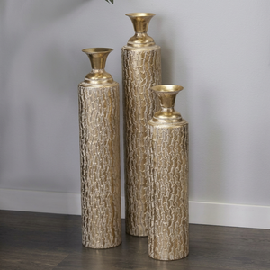 Antique Gold Metal Floor <b>Vase</b> <b>Set</b> of <b>3</b> | Embossed Textured Tall Trumpet <b>Vases</b> | Luxury Living Room Hotel Corner Decor <b>Vases</b> - Product Image 1