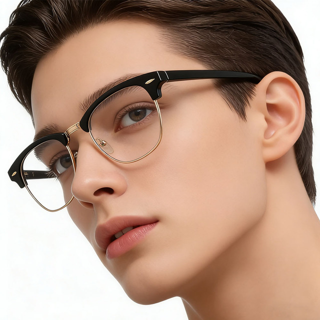 Half-frame Vintage Square Metal Anti-blue Light Geometric Pattern Myopia Spring Hinge Glasses for Women 3016