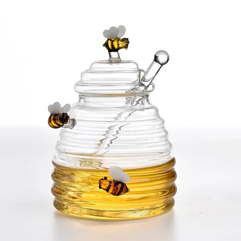 Mật ong Jar với cái môi và nắp thủy tinh tổ ong mật ong nồi cửa hàng mật ong và xi-rô