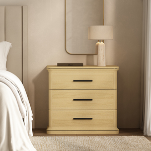 Nightstand In Natural Oak Wood With Three <b>Drawers</b> <b>For</b> Bedroom <b>Storage</b> - Product Image 2