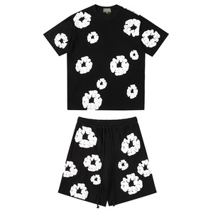 Nouvel ensemble de shorts 2 pièces en coton imprimé floral, style européen et américain, au-dessus du genou, streetwear à manches courtes pour jeunes - Product Image 4