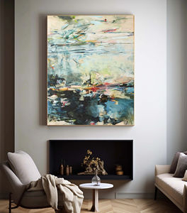 <span class=keywords><strong>Peinture</strong></span> <span class=keywords><strong>abstraite</strong></span> texturée sur toile, art mural abstrait atmosphérique, paysage abstrait en bleu et vert pour la maison et la <span class=keywords><strong>galerie</strong></span> - Product Image 1