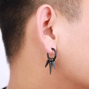 1 Paire de Boucles d'Oreilles Créoles Punk en Acier Inoxydable, Style Hip Hop Gothique, Couleur Argent et Noir, Pendantes, pour Hommes et Femmes - Product Image 2