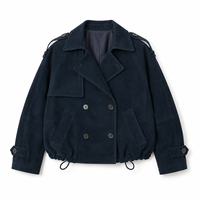 Chaqueta de mujer de gamuza genuina azul marino, con un solo botón, informal, corta, cortavientos, con forro de poliéster, epaulettes y dobladillo con cordón.