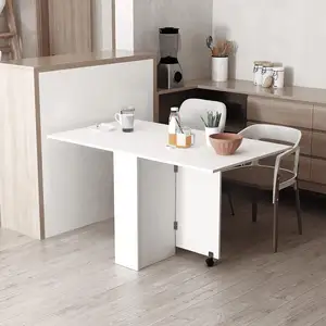 White extendable console dinning table square foldable table on wheels with shelf storage