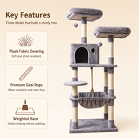 Tour à chat multi-niveaux avec condo en peluche, hamac pour chat, jouets suspendus, poteau en sisal naturel, base en bois d'ingénierie, OEM ODM