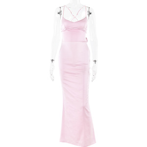 Robe longue sexy en satin pour femme, dos nu, décolleté cœur, design croisé, tenue de soirée - Product Image 5