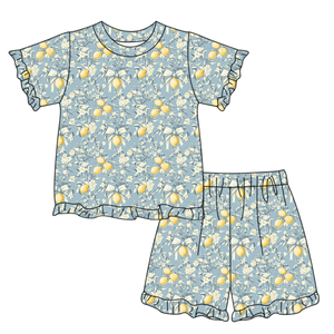 GSSO3327 Conjunto de Verano Personalizado para Niña Pequeña, Estampado de Flores y Limones, Ropa de Verano para Niñas al por Mayor, Conjunto de Manga Corta - Product Image 1