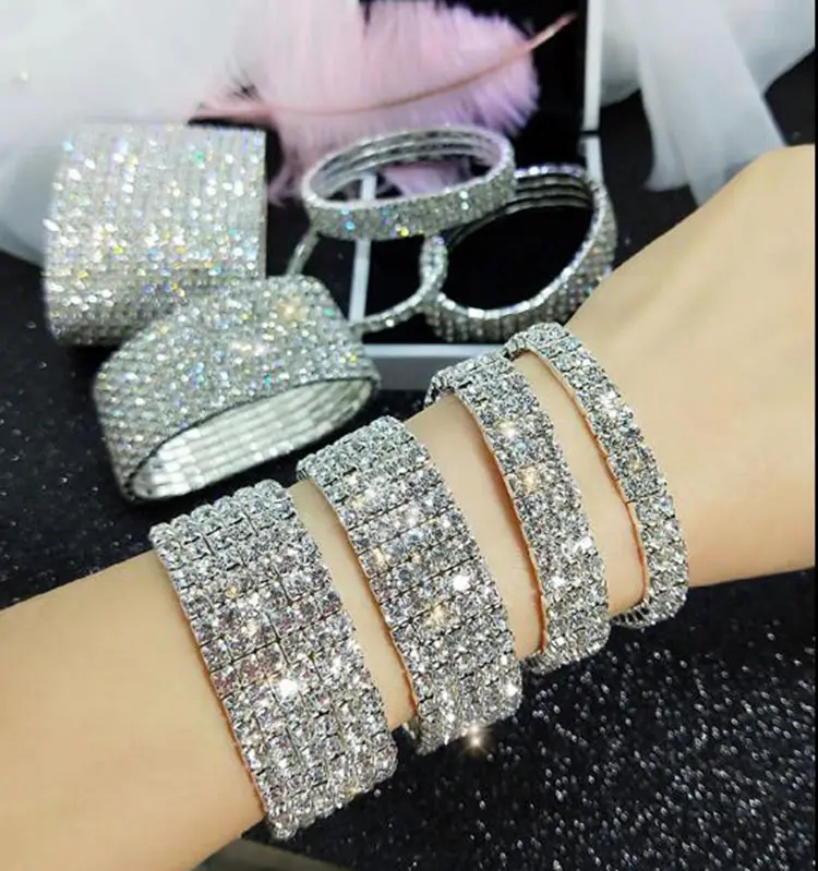 Glanzend Volledig Strass Diamant Elastisch Verstelbare Kristallen Armband Zilver Goud Breed Mode Sieraden Armbanden & Bangles Voor Vrouwen