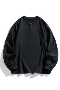 T-shirt à manches longues pour homme, col Henley, couleur unie, coton, décontracté, coupe classique, respirant, tricoté, blanc, noir, gris, vert - Product Image 1